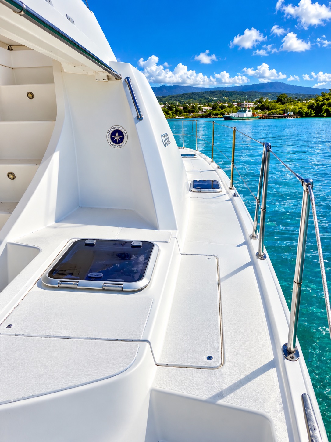 Exterior catamaran walkway beside blue water
