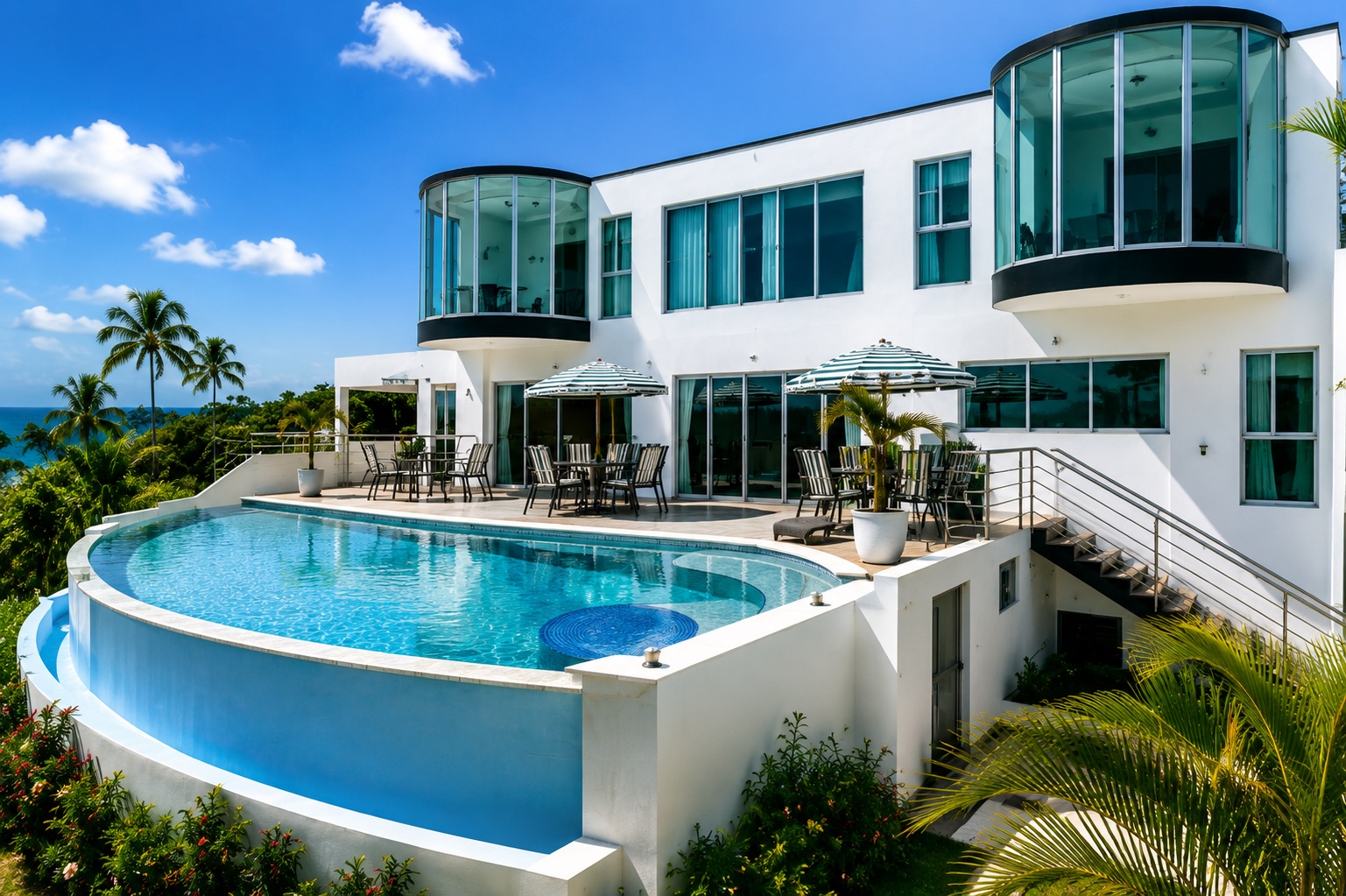 Villa Luna and its infinity pool under a bright Caribbean sky