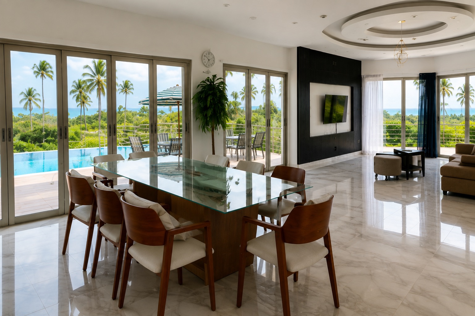 Open dining and living area beside the pool terrace